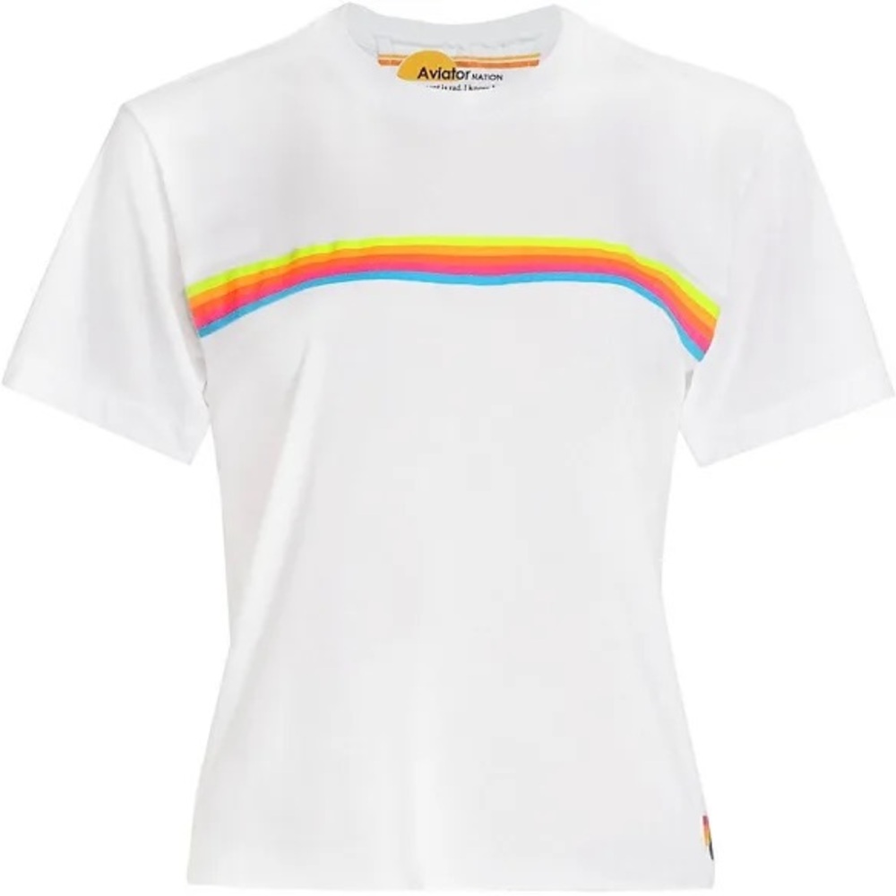 Aviator Nation White Tee with Rainbow Stripe